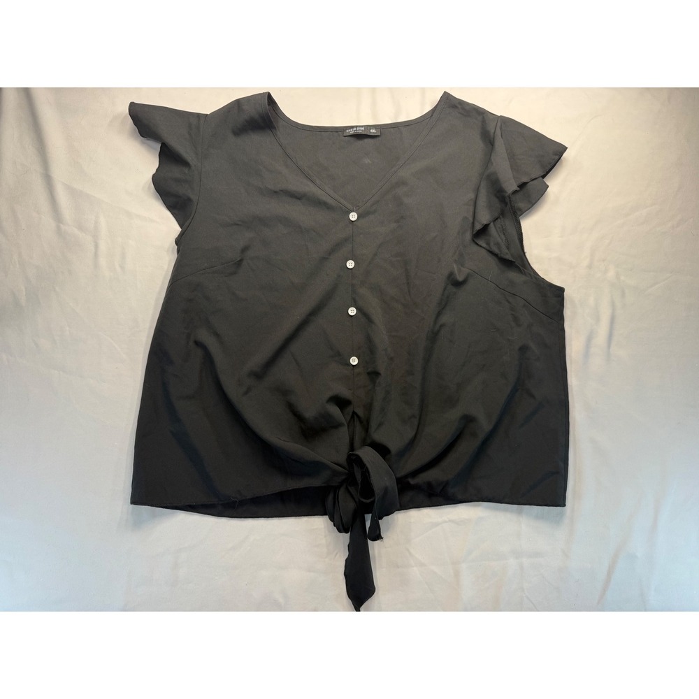 SHEIN Curve Womens 4XL Black Flutter Sleeve V-Neck Button Front Tie Hem Blouse